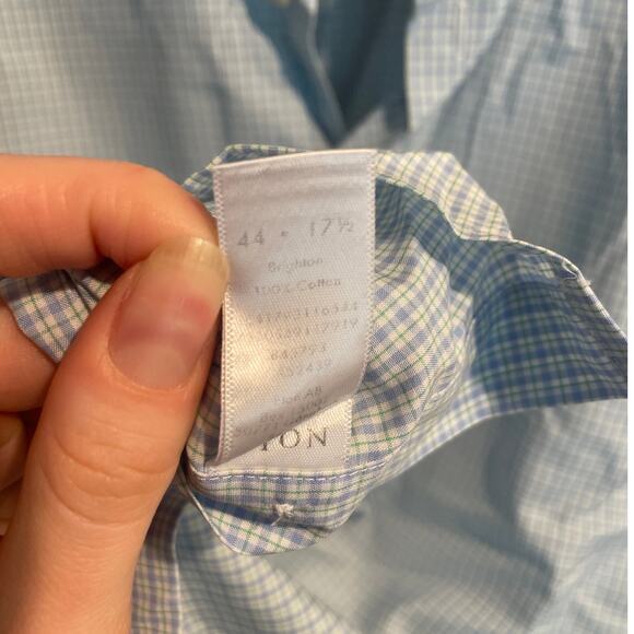 ETON Men's Cotton Plaid Contemporary Fit Dress Shirt Size 44/17.5 Light Blue - Picture 6 of 7